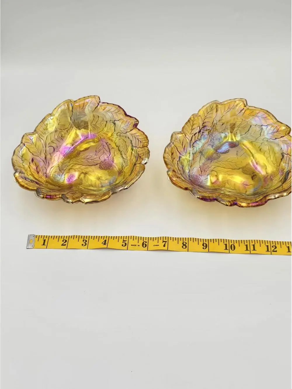 Vintage Indiana Glass Amber Carnival Glass Leaf Bowls Set of 2 1970s